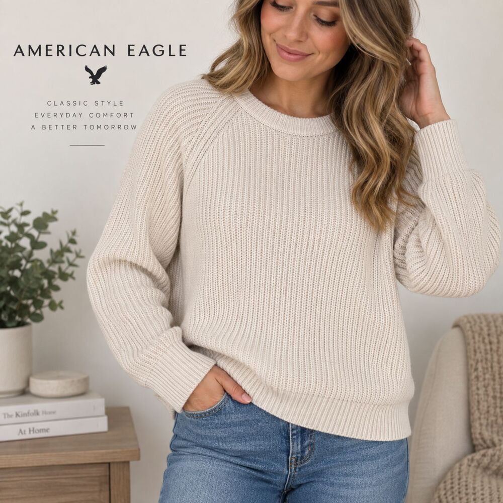 American Eagle Cream Ribbed Sweater Womens L 100% Cotton Chunky Knit Crewneck